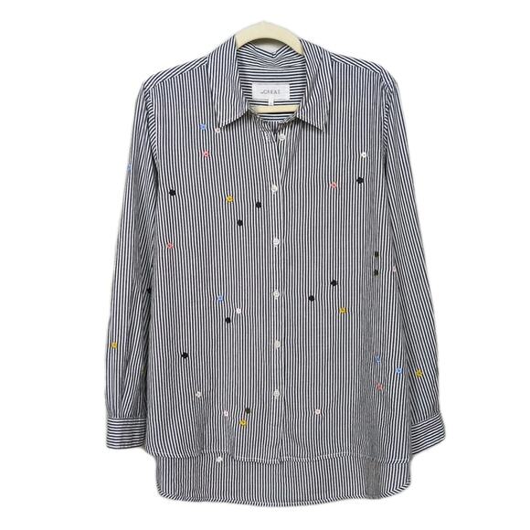 THE GREAT. Grey Striped Oversized Swing Oxford Shirt Floral Embroidery Women's L - Picture 1 of 7
